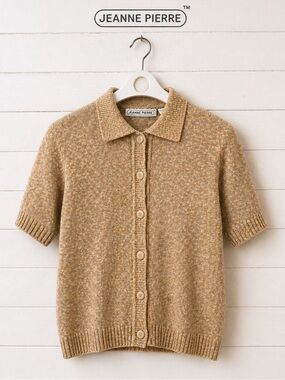JEANNE PIERRE Beige Knit Short Sleeve Cardigan – Size M